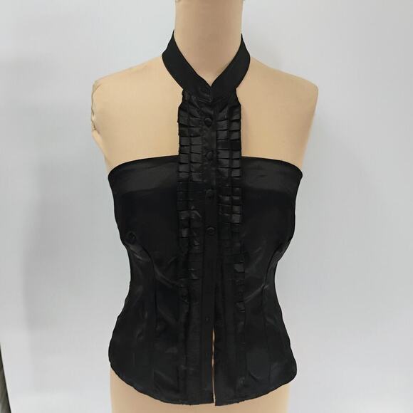 Forever 21 Women Tops Black y2k satin halter top ruffle tuxedo - Picture 3 of 12
